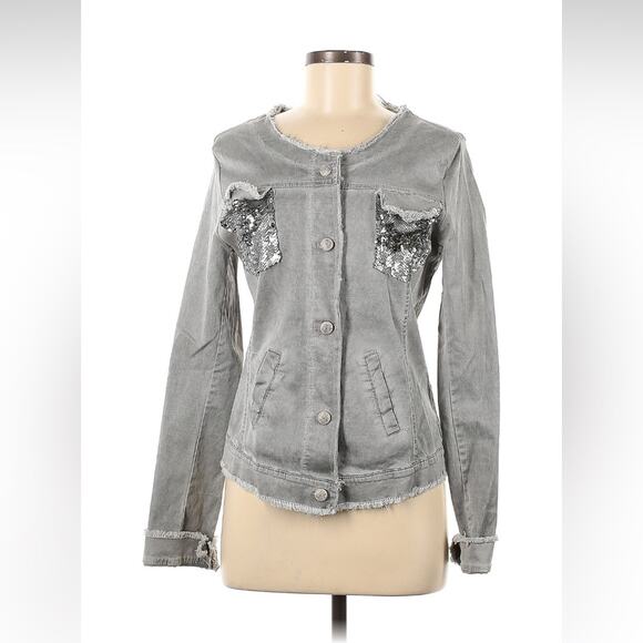 Sunny Studio Paris grey raw edge bling pocket button down shirt, 9 - Picture 1 of 10